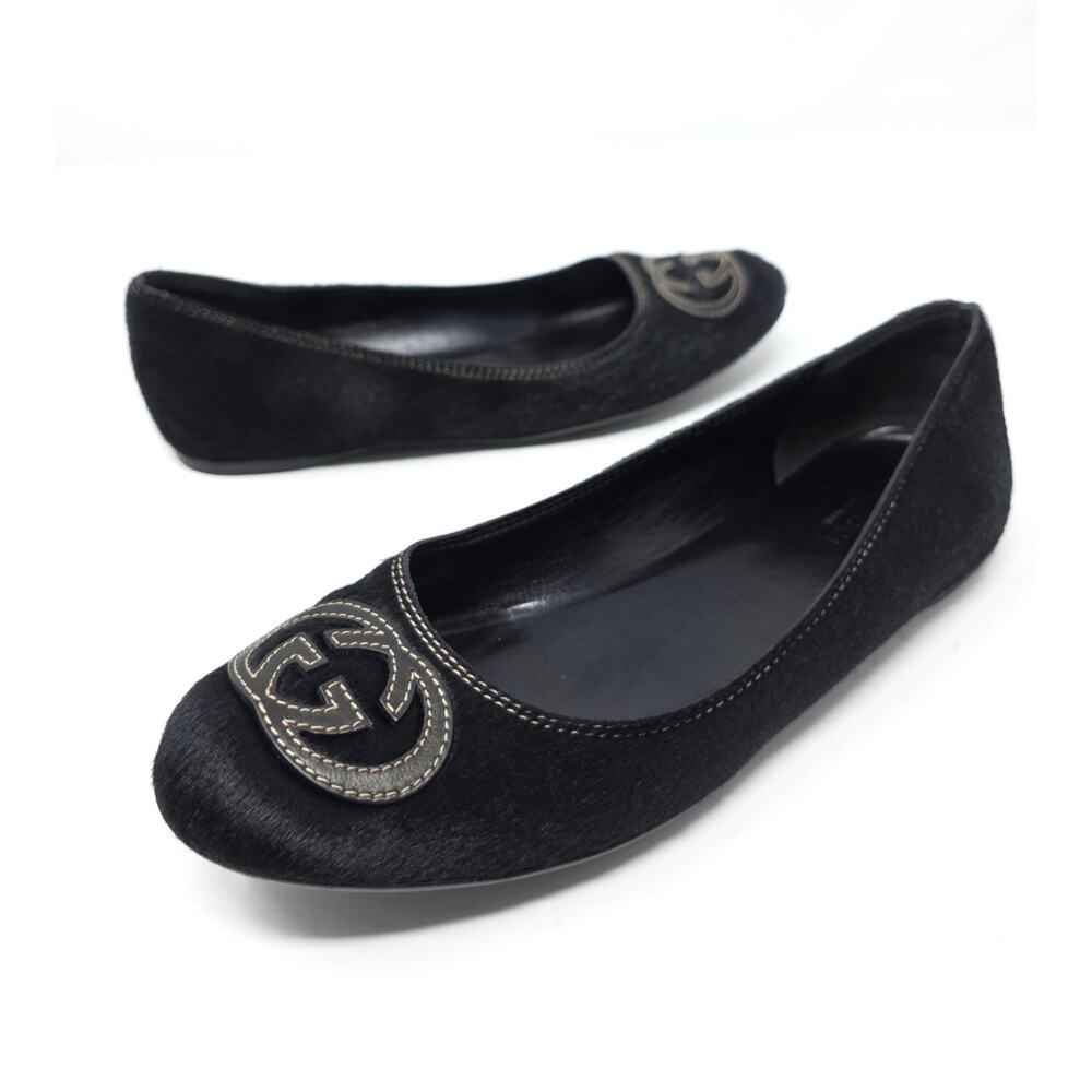 Gucci Vintage Interlocking GG Logo Calf Hair Ballet Flats Black 37 US 7